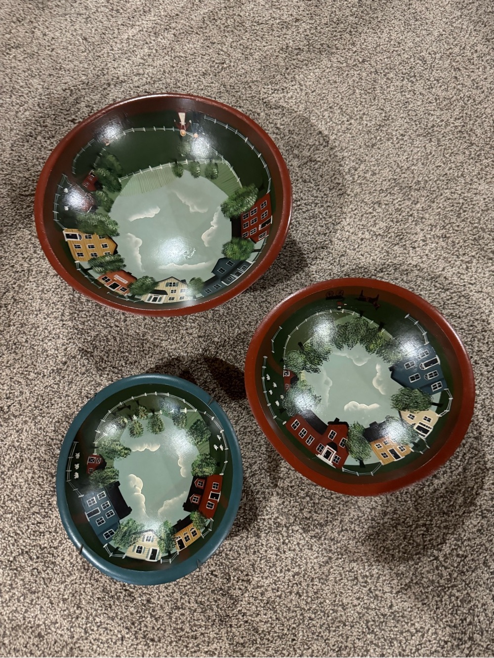 Hand-Painted Ceramic Serving Bowl Trio in Green and Brown
